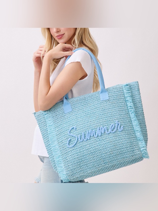 Handbags - Blue Woven Straw Summer Script Embroidered Fringe Tote